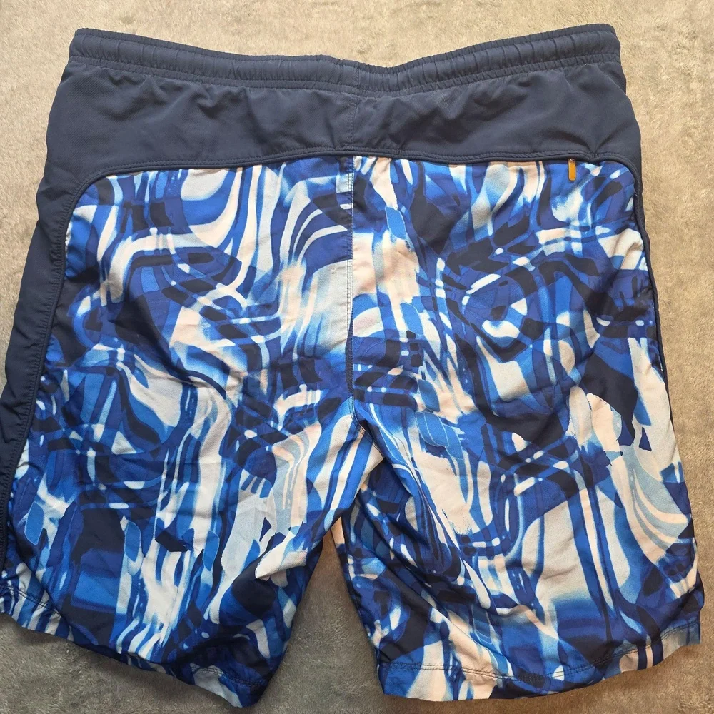 Nike Swim Shorts Mens M Blue Geometric Print Mesh Liner Zip Pocket Elastic Waist